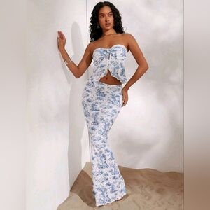 Blue&White Floral Print,Romantic,Slim Fit Women Two Piece Set,Beach,Festival
